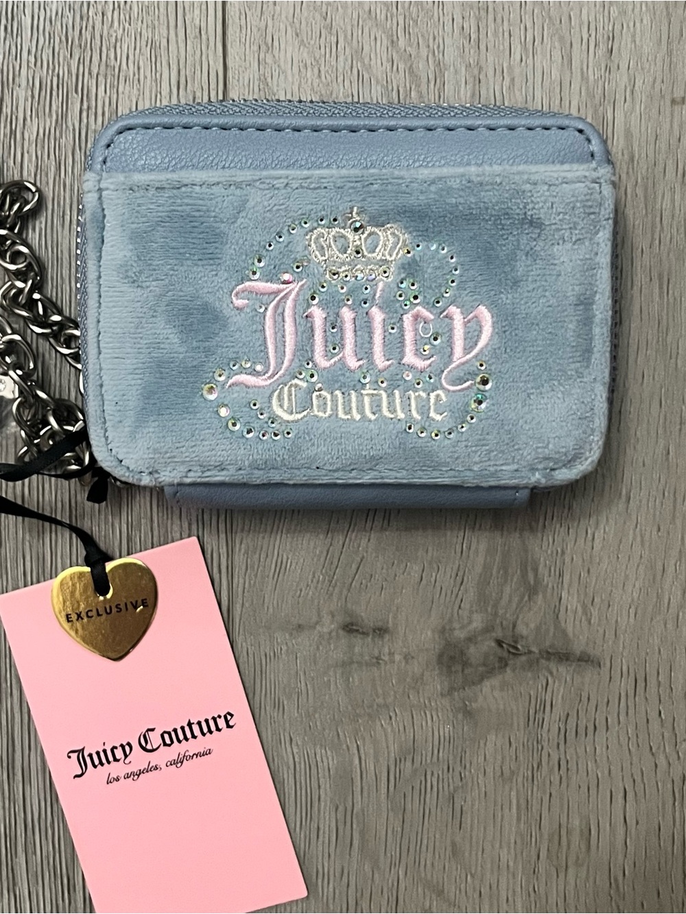 Juicy Couture Light Blue Velour Card Case with Pink Logo